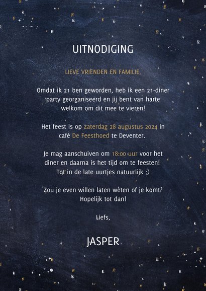 Hippe uitnodiging 21-diner met heelal, sterren en typografie 3