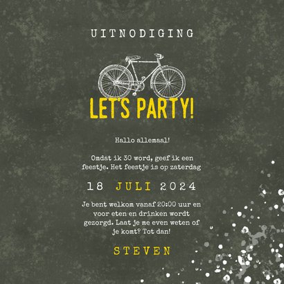 Hippe uitnodiging 30 jaar met fiets, Let's Party en spetters 3