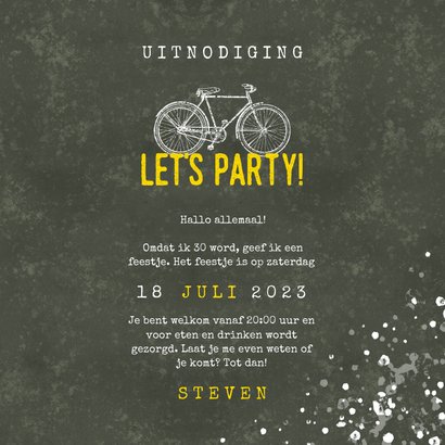Hippe uitnodiging 30 jaar met fiets, Let's Party en spetters 3