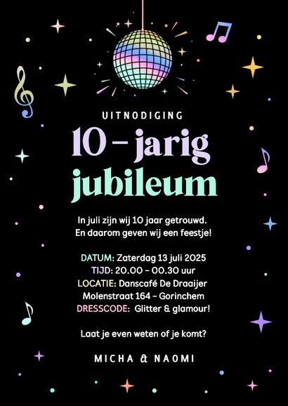 Hippe uitnodiging feestje huwelijks jubileum disco 3