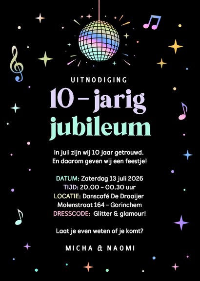 Hippe uitnodiging feestje huwelijks jubileum disco 3