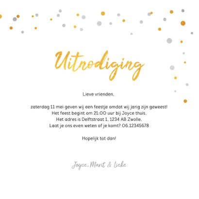 Hippe uitnodiging feestje met goud en zilver confetti 3