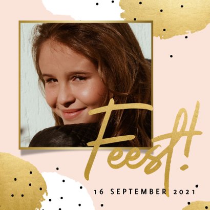Hippe uitnodiging kinderfeestje met gouden en witte stippen 2