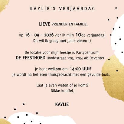 Hippe uitnodiging kinderfeestje met gouden en witte stippen 3
