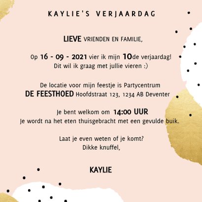 Hippe uitnodiging kinderfeestje met gouden en witte stippen 3