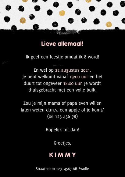 Hippe uitnodiging kinderfeestje met stipjes, kader en party! 3