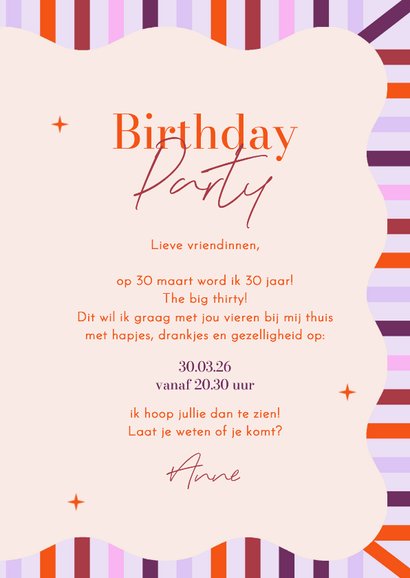 Hippe uitnodiging kleurrijke strepen lila verjaardag strik 3
