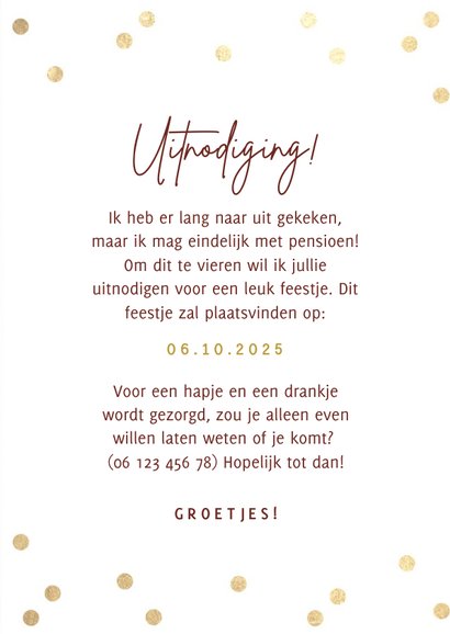 Hippe uitnodiging pensioen party gouden confetti & foto's 3