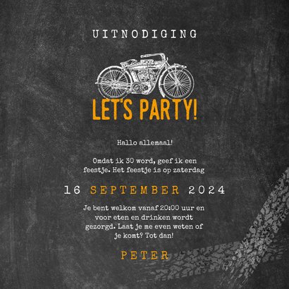 Hippe uitnodiging verjaardag 30 jaar met motor & Let's Party 3