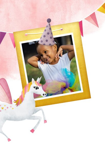Hippe uitnodiging verjaardag kind met eenhoorn en sterretjes 2