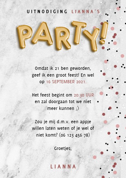 Hippe uitnodiging verjaardagsfeest met ballonnen en confetti 3