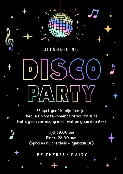 Hippe uitnodiging voor een disco feestje met regenboog folie 3