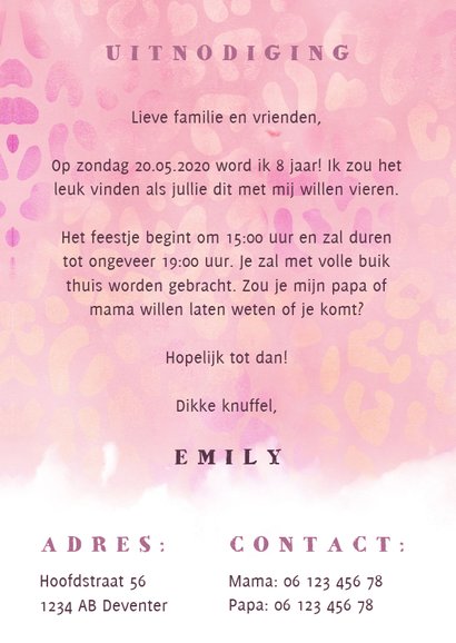 Hippe uitnodiging voor kinderfeestje met panterprint en foto 3