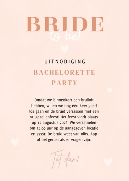 Hippe uitnodiging vrijgezellenfeest roze champagne & hartjes 3