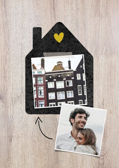 Hippe verhuiskaart met huisje, foto, typografie en adres 2