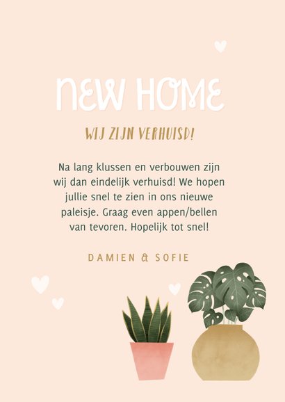 Hippe verhuiskaart met plantjes, New Home, foto's en hartjes 3