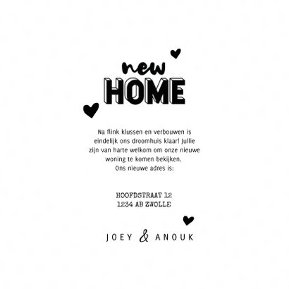 Hippe verhuiskaart typografie new home, kraft en hartjes 3