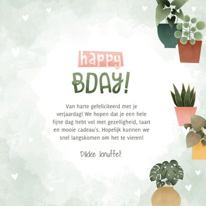 Hippe verjaardagskaart met plantjes, hartjes Happy Bday! 3