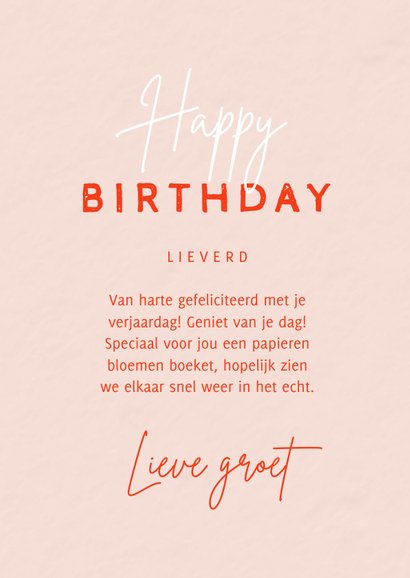 Hippe verjaardagskaart vrouw bloemen in vaas roze oranje 3