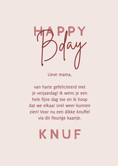 Hippe verjaardagskaart vrouw bloemenkader roze bday hug 3