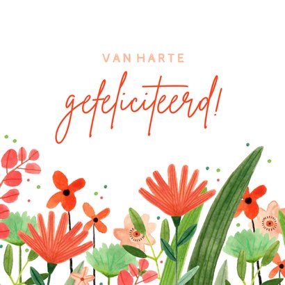 Hippe verjaardagskaart vrouw bloemenweide rood groen 2