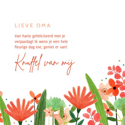 Hippe verjaardagskaart vrouw bloemenweide rood groen 3