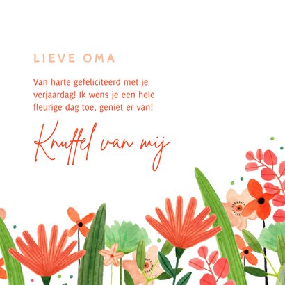 Hippe verjaardagskaart vrouw bloemenweide rood groen  3