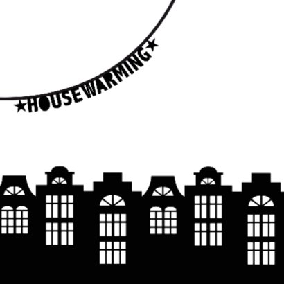 Housewarming party uitnodiging zwartwit slingers huisjes 2