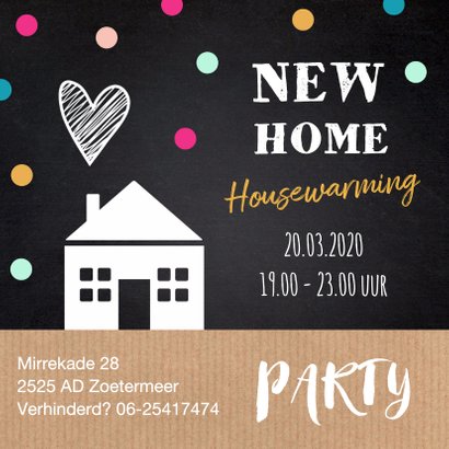 Housewarming uitnodiging huisje stippen krijtbord kraft 2