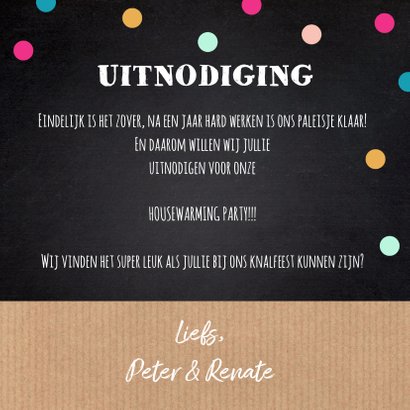 Housewarming uitnodiging huisje stippen krijtbord kraft 3
