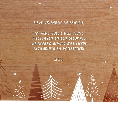 Houtlook kerstkaart stijlvol artistiek getekende kerstbomen 3