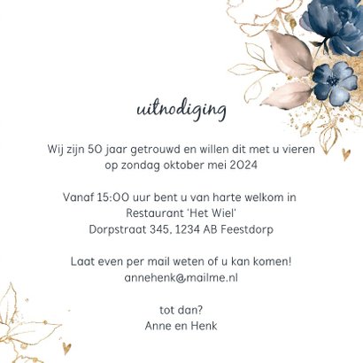 Huwelijksjubileum 50 uitnodiging aquarel bloemen 3