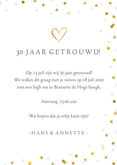 Huwelijksjubileum uitnodiging champagne glazen en confetti 3
