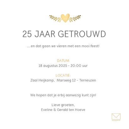 Huwelijksjubileum uitnodiging klassiek met gouden duifjes 3