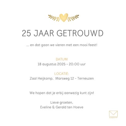 Huwelijksjubileum uitnodiging klassiek met gouden duifjes 3