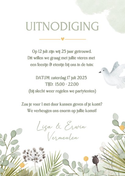 Huwelijksjubileum uitnodiging met duifjes 25 jaar getrouwd 3