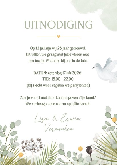 Huwelijksjubileum uitnodiging met duifjes 25 jaar getrouwd 3