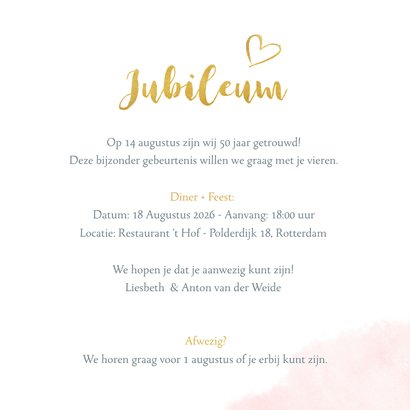 Huwelijksjubileum uitnodiging met fotohart en gouden letters 3