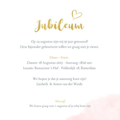 Huwelijksjubileum uitnodiging met fotohart en gouden letters 3