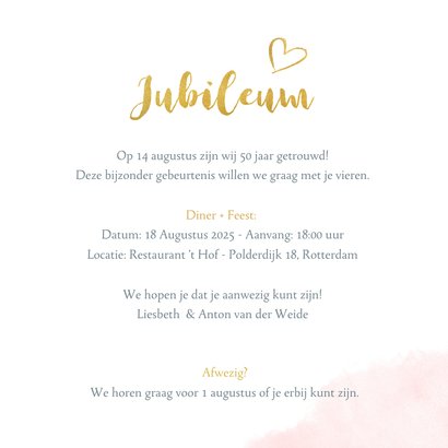Huwelijksjubileum uitnodiging met fotohart en gouden letters 3