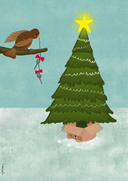 Illustratie kerstkaart verhuisdozen bij kerstboom dag 2