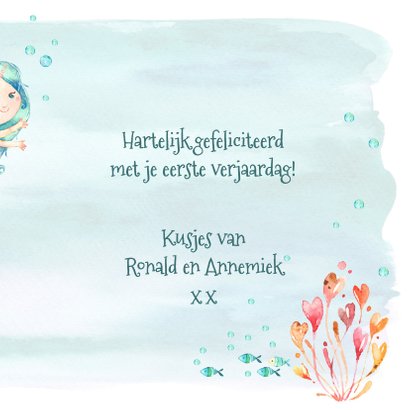 Jarigkaart 1 jaar met zeemeermin, vissen en zeester 3