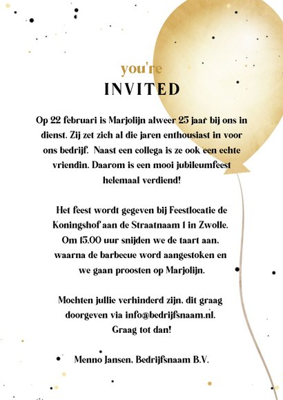 Jubileum medewerker zwart wit goud met ballonnen 3