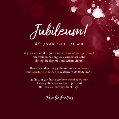 Jubileum uitnodiging 40 jaar robijn spetters goud foto 3