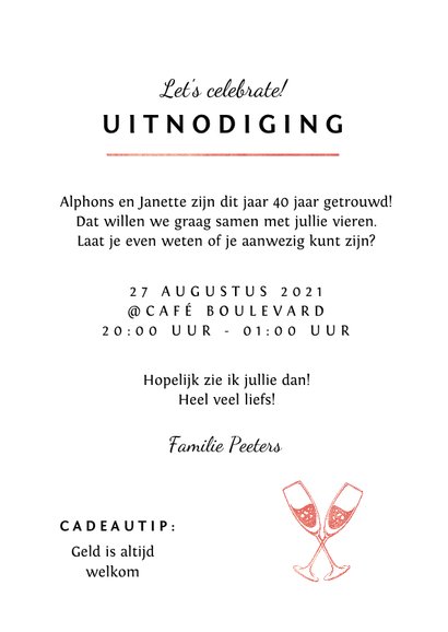 Jubileum uitnodiging 40 jaar stijlvol met rode verf en foto 3