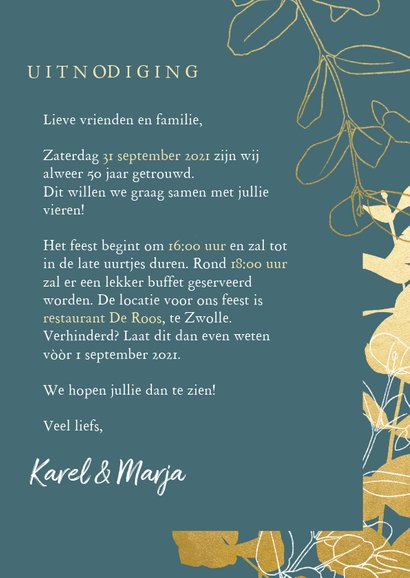 Jubileum uitnodiging '50 jaar' met gouden plantjes en foto's 3