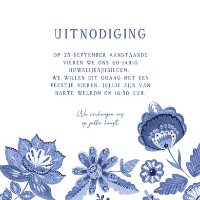 Jubileum uitnodiging bloemen Delfts blauw tegeltje 3