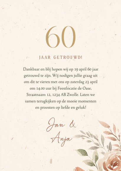 Jubileum uitnodiging bloemen kader 60 jaar getrouwd klassiek 3