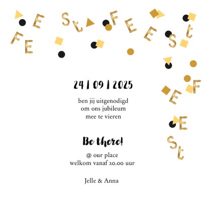 Jubileum uitnodiging confetti letters goud 3
