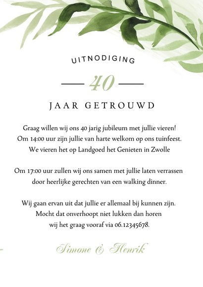 Jubileum uitnodiging klassiek bladeren tuinfeest 3